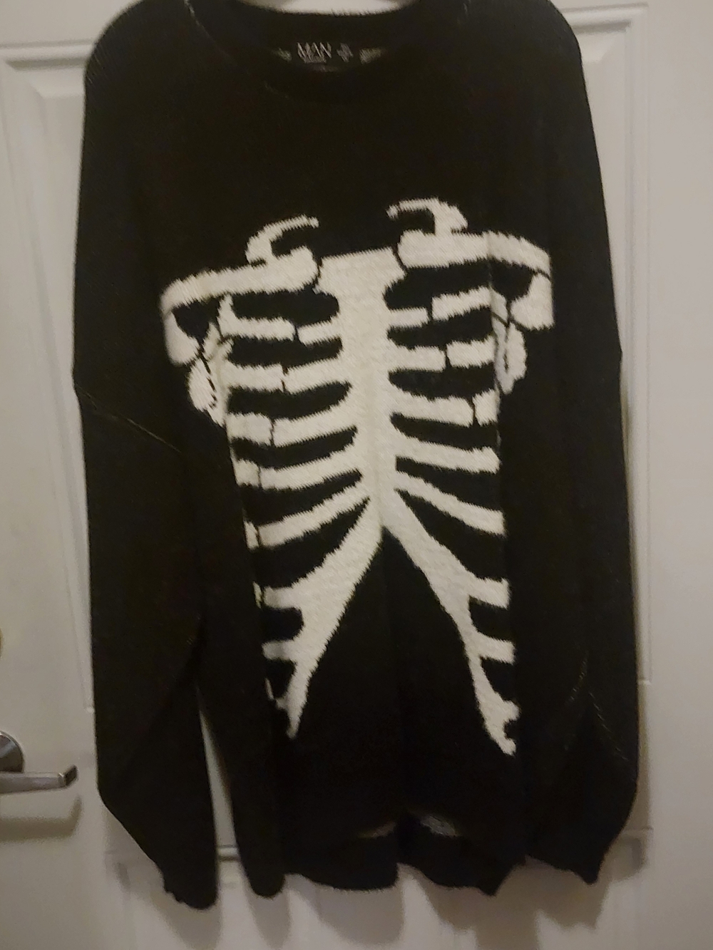 Men's Black Crewneck Sweater with White Skeleton Graphic